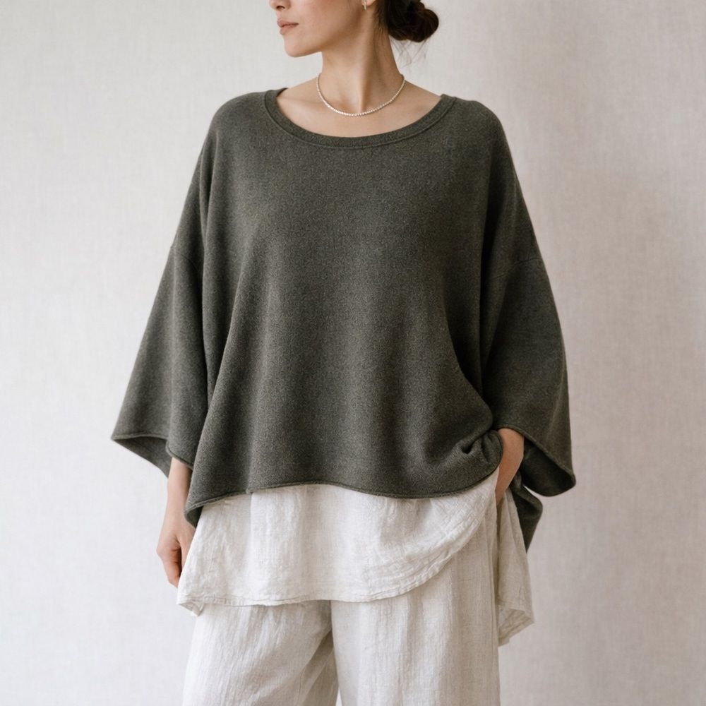 Pure Jill 100% Cashmere Kimono Sweater Lagenlook Olive Green Lagenlook Artsy